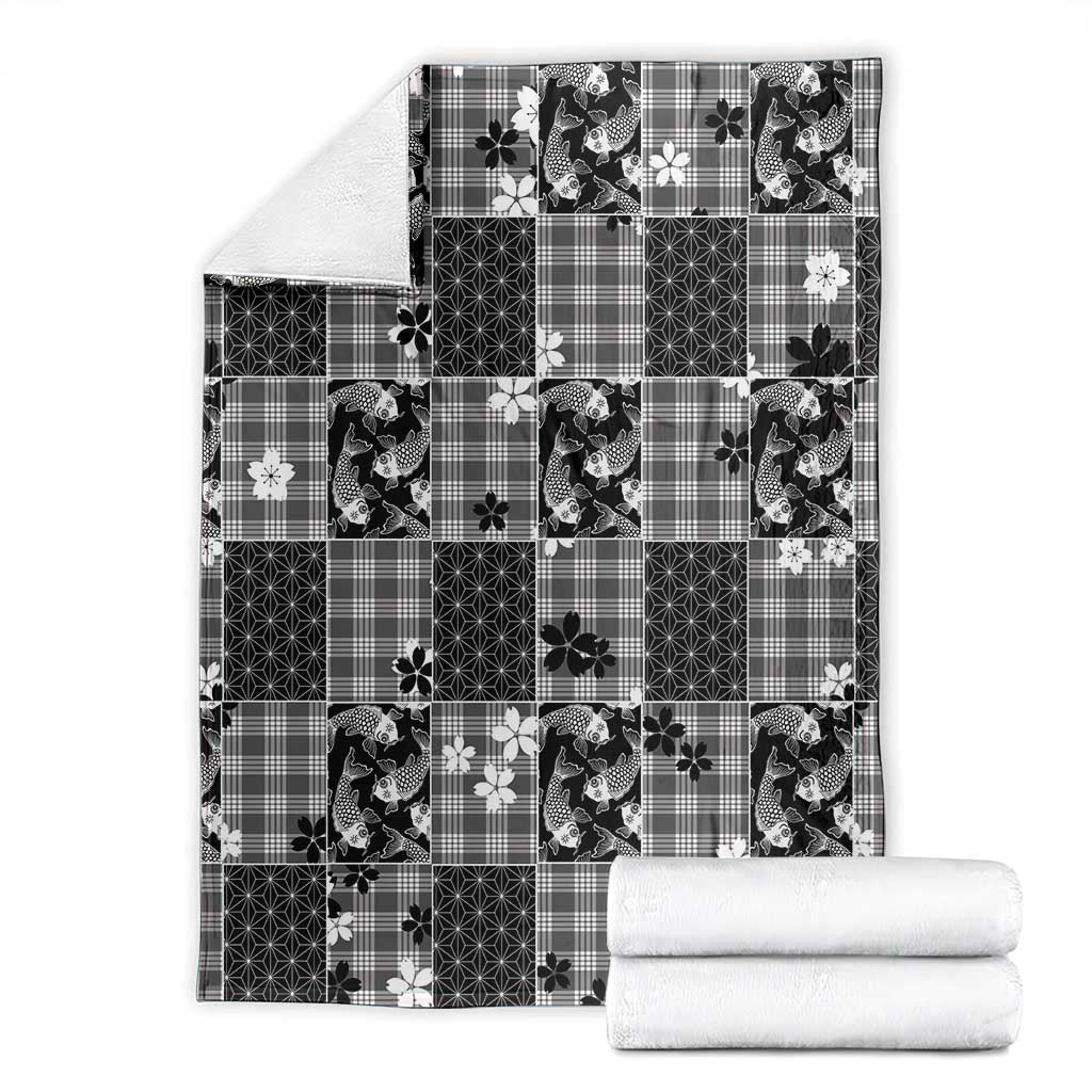 Black Palaka Japanese Patterns Blanket Koi Fish Asanoha Sakura Patchwork Stylized - Polynesian Pride