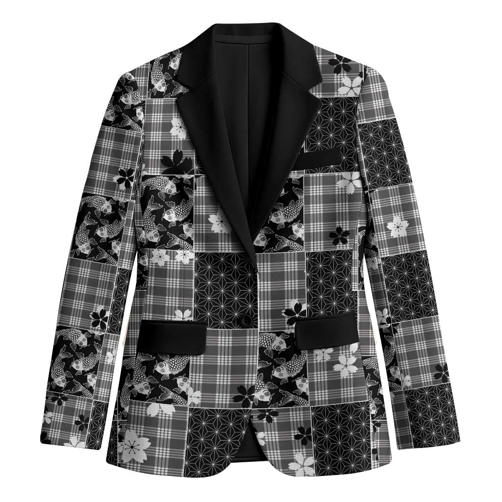 Black Palaka Japanese Patterns Blazer Koi Fish Asanoha Sakura Patchwork Stylized - Polynesian Pride