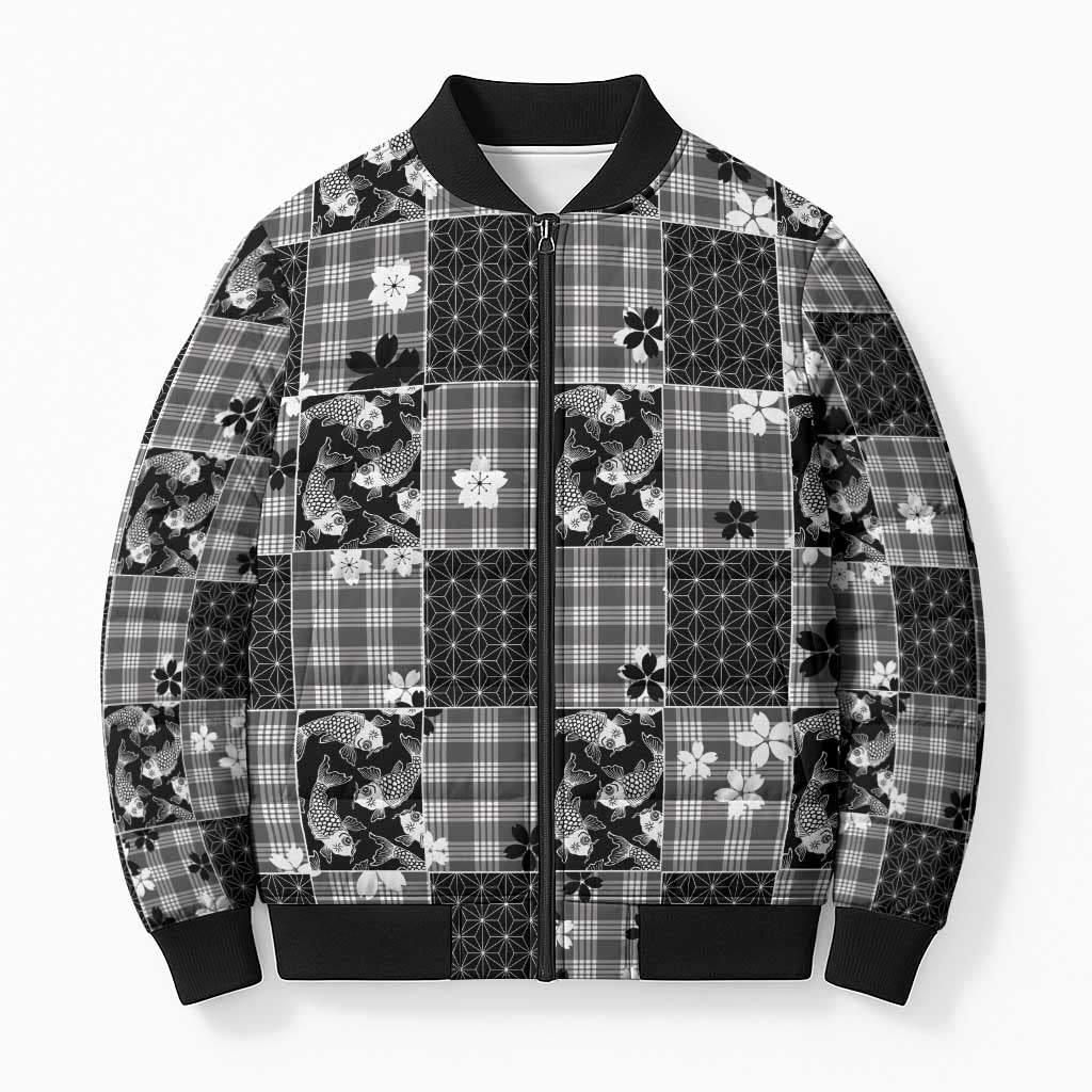 Black Palaka Japanese Patterns Bomber Puffer Jacket Koi Fish Asanoha Sakura Patchwork Stylized - Polynesian Pride
