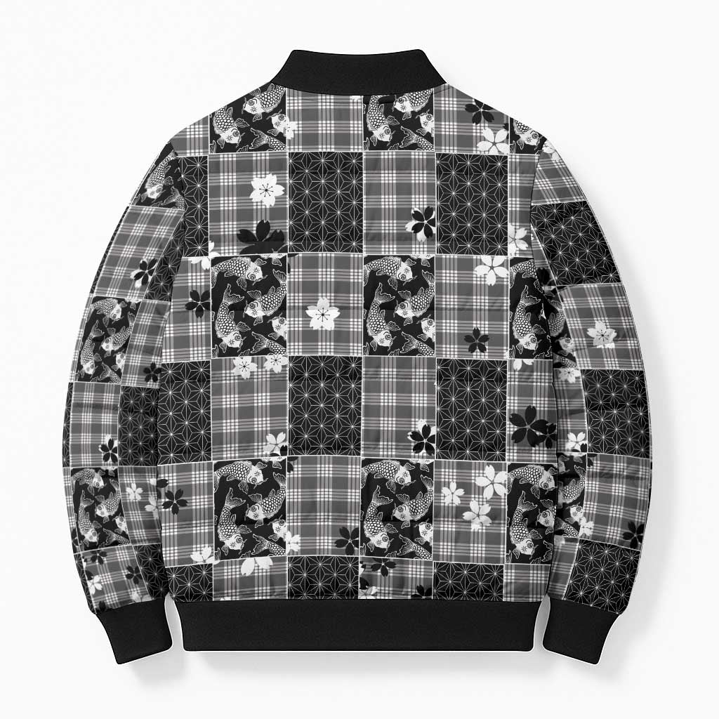 Black Palaka Japanese Patterns Bomber Puffer Jacket Koi Fish Asanoha Sakura Patchwork Stylized - Polynesian Pride