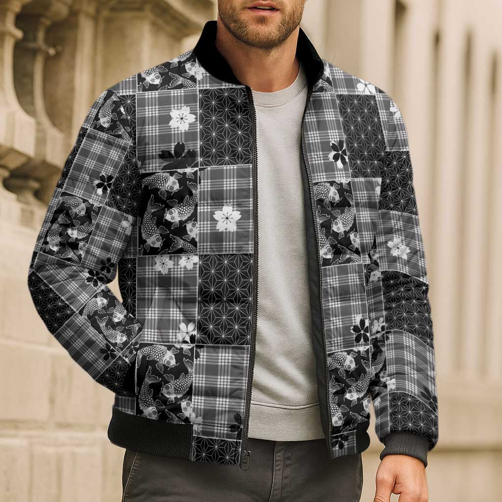 Black Palaka Japanese Patterns Bomber Puffer Jacket Koi Fish Asanoha Sakura Patchwork Stylized - Polynesian Pride
