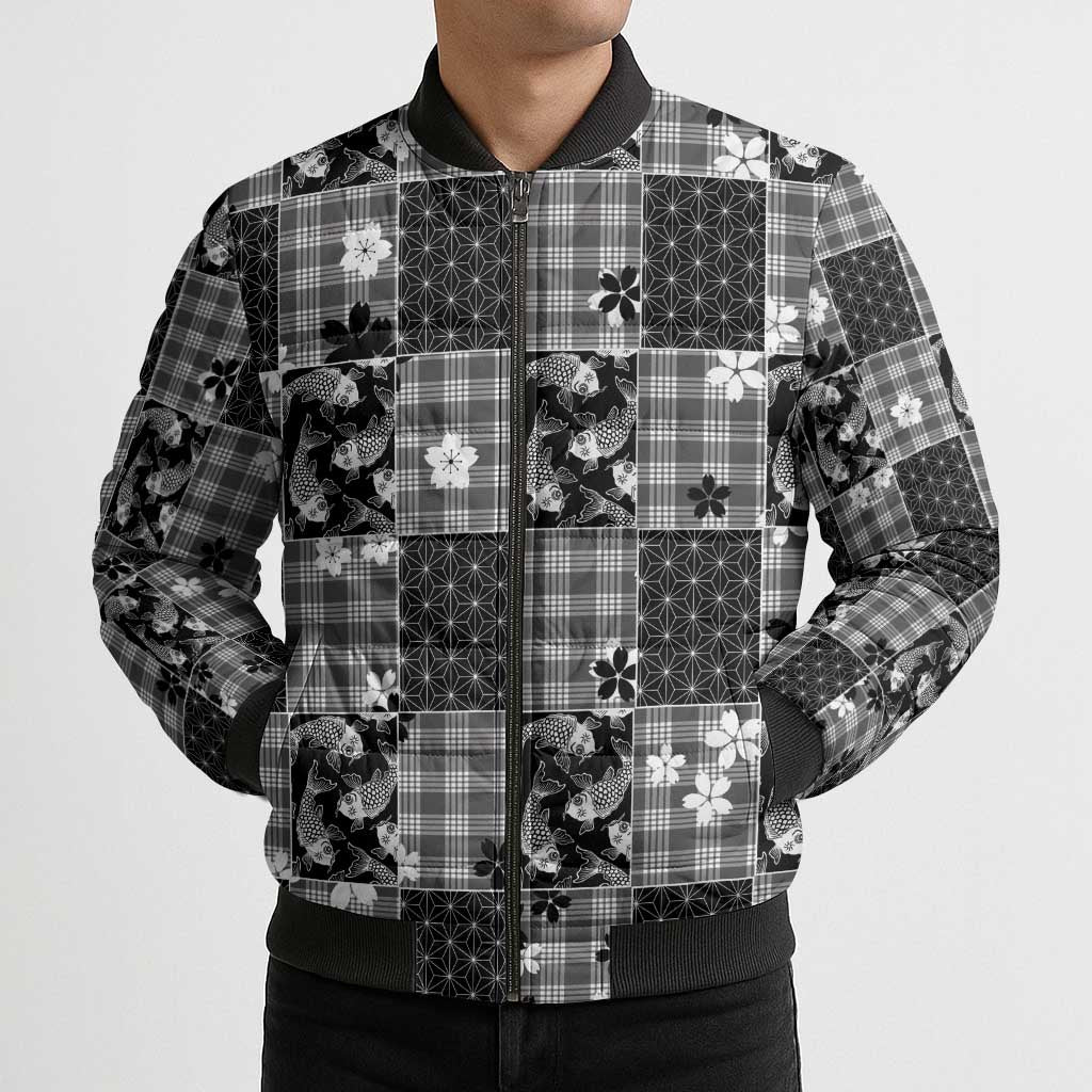 Black Palaka Japanese Patterns Bomber Puffer Jacket Koi Fish Asanoha Sakura Patchwork Stylized - Polynesian Pride