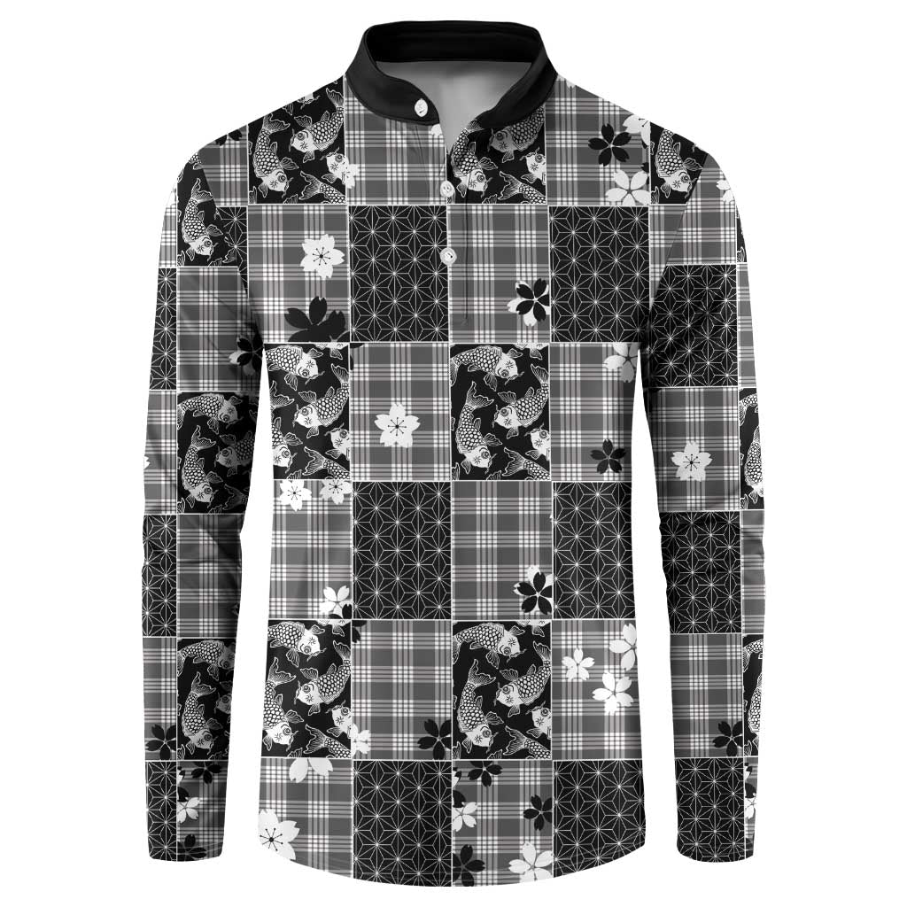 Black Palaka Japanese Patterns Button Sweatshirt Koi Fish Asanoha Sakura Patchwork Stylized - Polynesian Pride