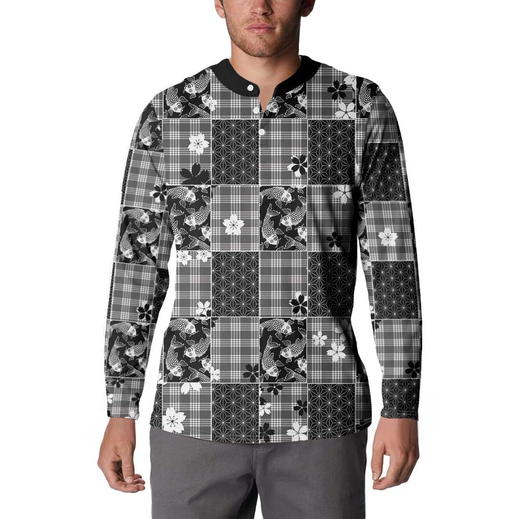 Black Palaka Japanese Patterns Button Sweatshirt Koi Fish Asanoha Sakura Patchwork Stylized - Polynesian Pride