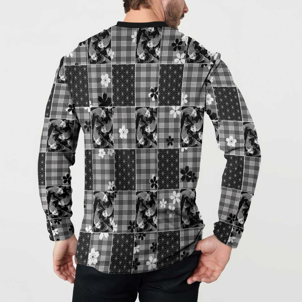 Black Palaka Japanese Patterns Button Sweatshirt Koi Fish Asanoha Sakura Patchwork Stylized - Polynesian Pride