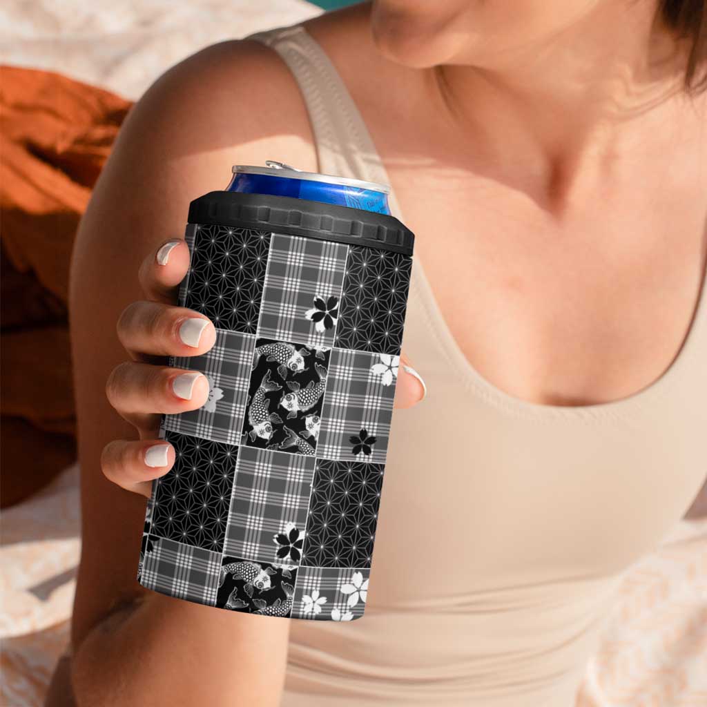 Black Palaka Japanese Patterns 4 in 1 Can Cooler Tumbler Koi Fish Asanoha Sakura Patchwork Stylized - Polynesian Pride