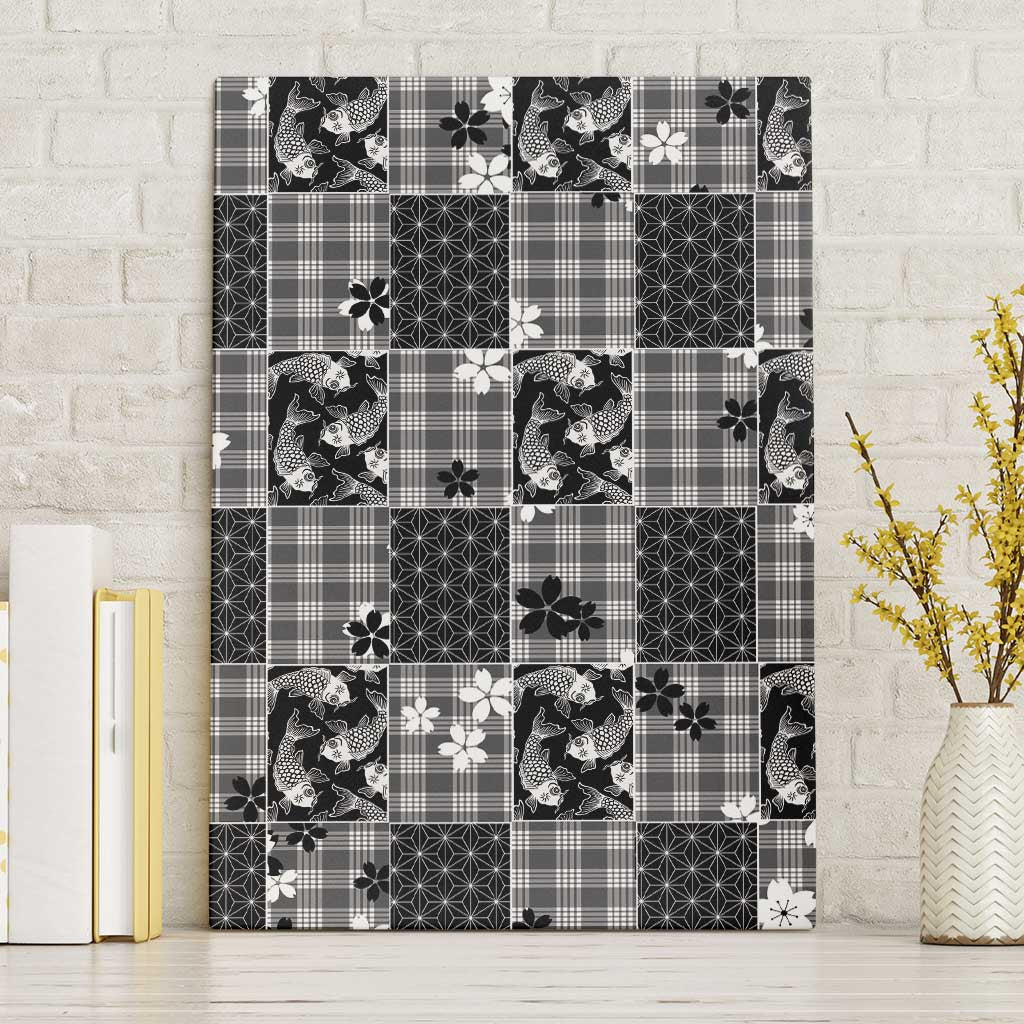 Black Palaka Japanese Patterns Canvas Wall Art Koi Fish Asanoha Sakura Patchwork Stylized - Polynesian Pride