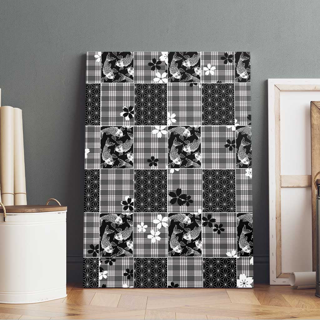 Black Palaka Japanese Patterns Canvas Wall Art Koi Fish Asanoha Sakura Patchwork Stylized - Polynesian Pride