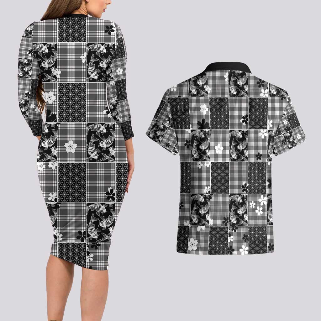 Black Palaka Japanese Patterns Couples Matching Long Sleeve Bodycon Dress and Hawaiian Shirt Koi Fish Asanoha Sakura Patchwork Stylized - Polynesian Pride