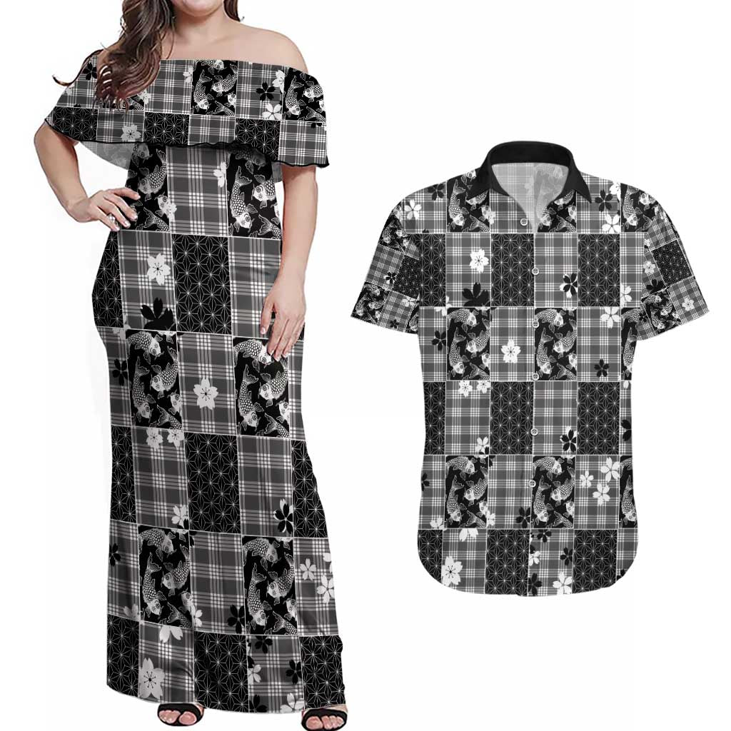 Black Palaka Japanese Patterns Couples Matching Off Shoulder Maxi Dress and Hawaiian Shirt Koi Fish Asanoha Sakura Patchwork Stylized - Polynesian Pride