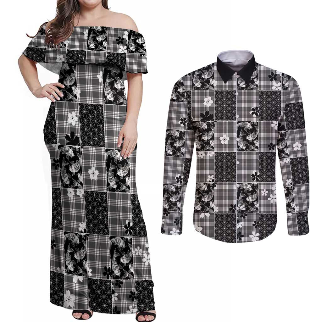 Black Palaka Japanese Patterns Couples Matching Off Shoulder Maxi Dress and Long Sleeve Button Shirt Koi Fish Asanoha Sakura Patchwork Stylized - Polynesian Pride