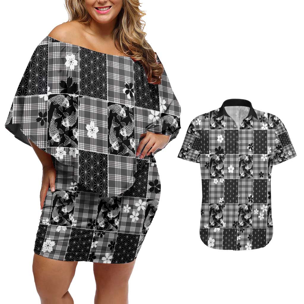 Black Palaka Japanese Patterns Couples Matching Off Shoulder Short Dress and Hawaiian Shirt Koi Fish Asanoha Sakura Patchwork Stylized - Polynesian Pride