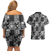 Black Palaka Japanese Patterns Couples Matching Off Shoulder Short Dress and Hawaiian Shirt Koi Fish Asanoha Sakura Patchwork Stylized - Polynesian Pride