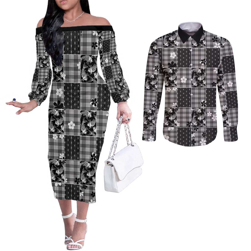 Black Palaka Japanese Patterns Couples Matching Off The Shoulder Long Sleeve Dress and Long Sleeve Button Shirt Koi Fish Asanoha Sakura Patchwork Stylized - Polynesian Pride