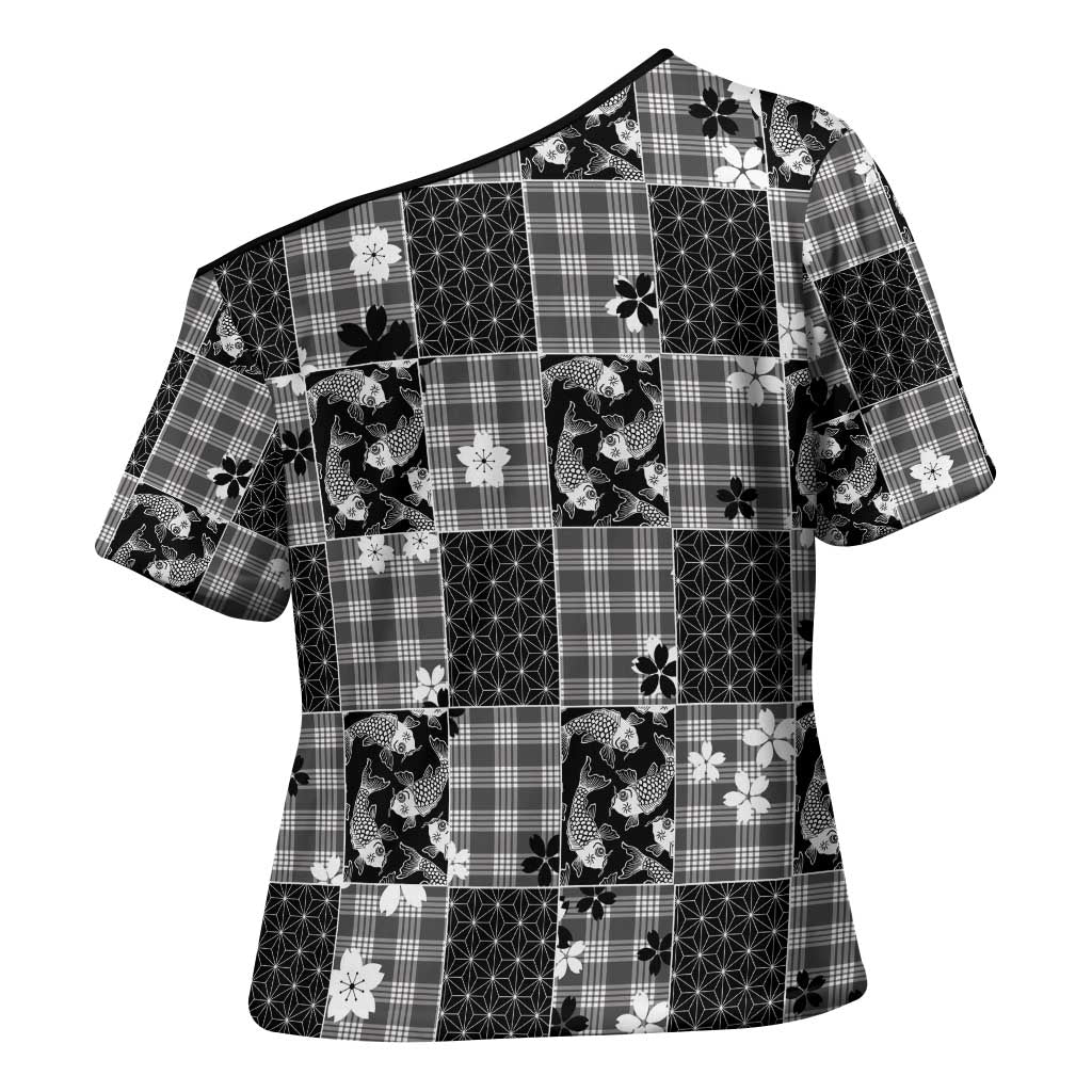 Black Palaka Japanese Patterns Cross Shoulder Shirt Koi Fish Asanoha Sakura Patchwork Stylized - Polynesian Pride