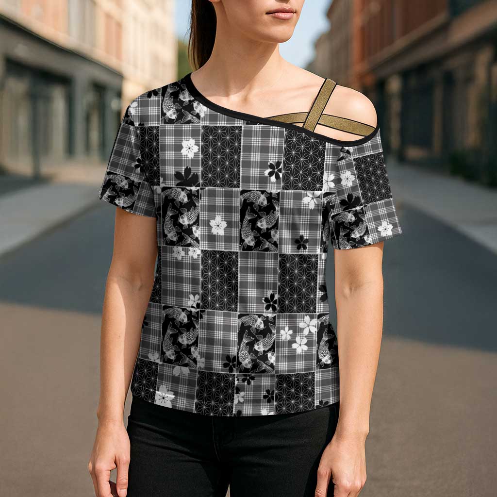 Black Palaka Japanese Patterns Cross Shoulder Shirt Koi Fish Asanoha Sakura Patchwork Stylized - Polynesian Pride