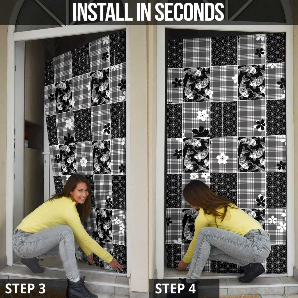 Black Palaka Japanese Patterns Door Cover Koi Fish Asanoha Sakura Patchwork Stylized - Polynesian Pride