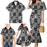 Black Palaka Japanese Patterns Family Matching Mermaid Dress and Hawaiian Shirt Koi Fish Asanoha Sakura Patchwork Stylized - Polynesian Pride