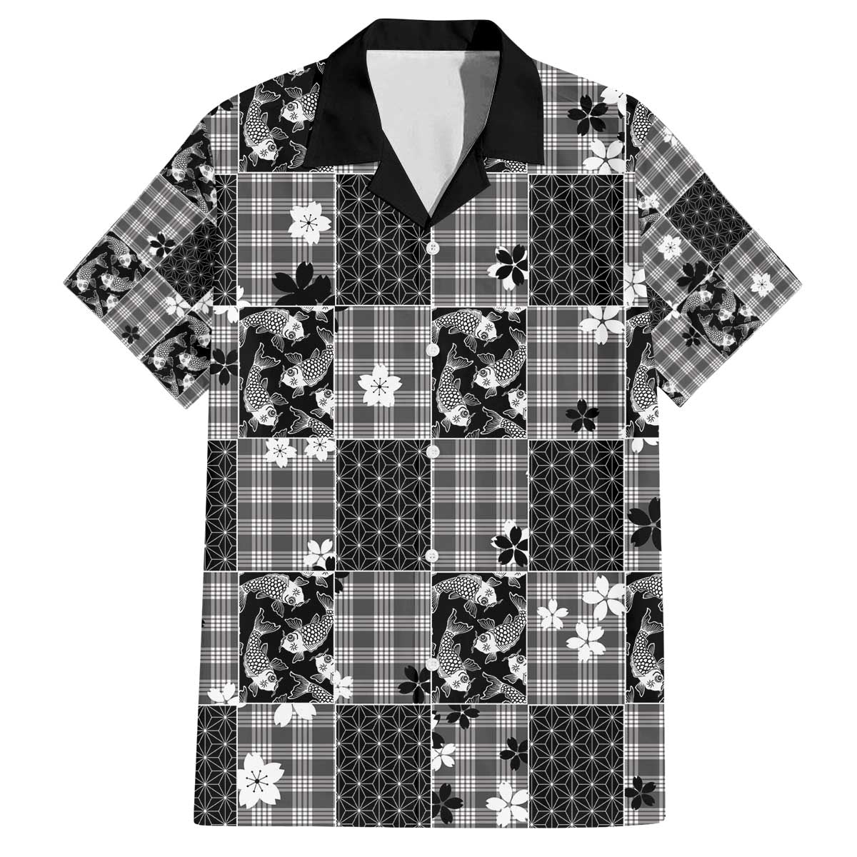 Black Palaka Japanese Patterns Family Matching Off The Shoulder Long Sleeve Dress and Hawaiian Shirt Koi Fish Asanoha Sakura Patchwork Stylized - Polynesian Pride