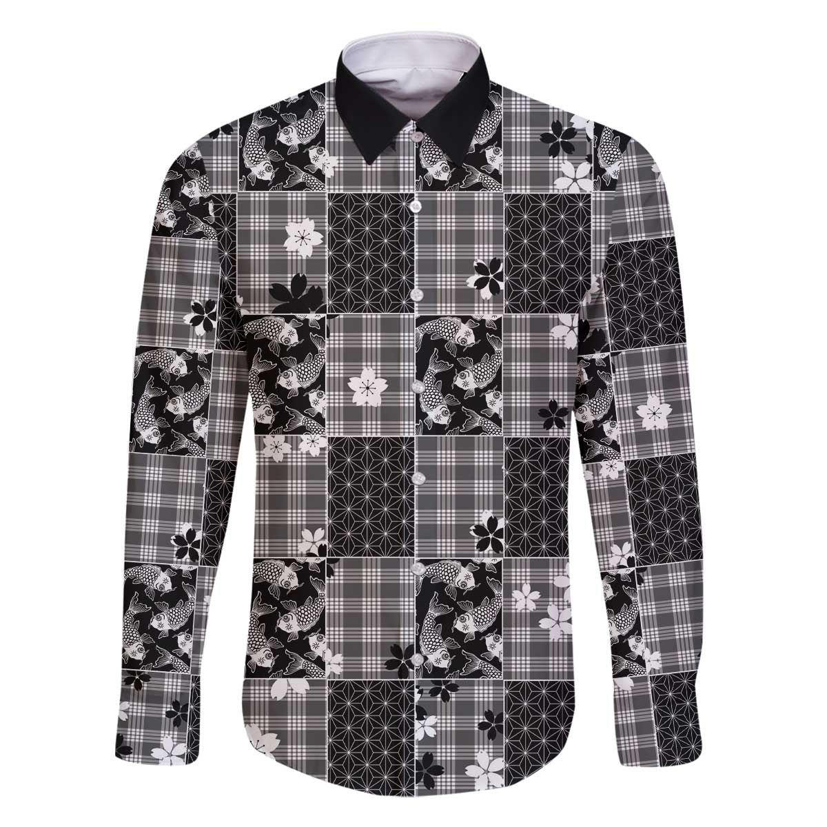 Black Palaka Japanese Patterns Family Matching Off The Shoulder Long Sleeve Dress and Hawaiian Shirt Koi Fish Asanoha Sakura Patchwork Stylized - Polynesian Pride