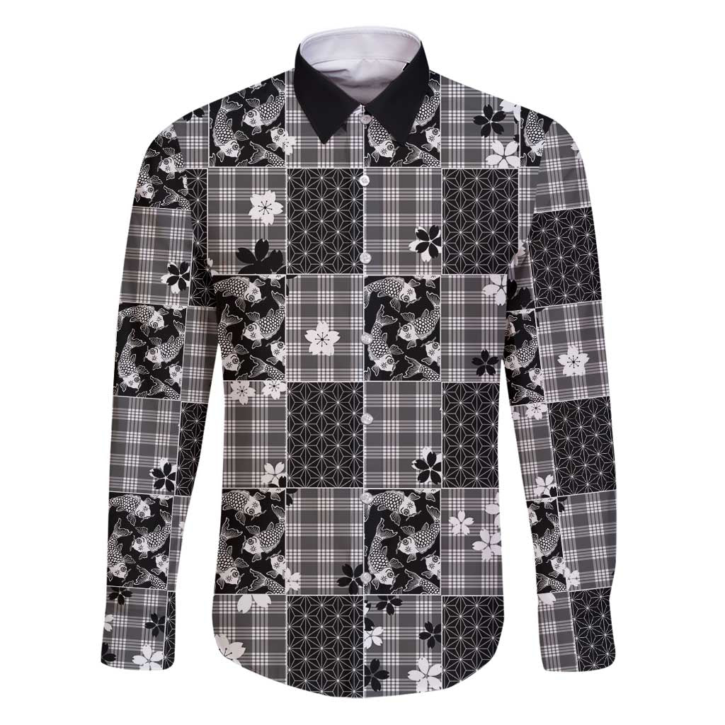 Black Palaka Japanese Patterns Family Matching Puletasi and Hawaiian Shirt Koi Fish Asanoha Sakura Patchwork Stylized - Polynesian Pride
