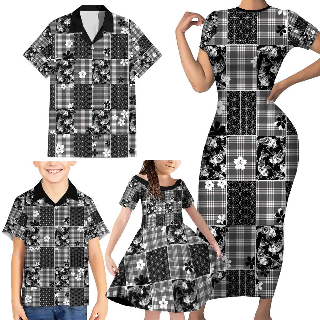 Black Palaka Japanese Patterns Family Matching Short Sleeve Bodycon Dress and Hawaiian Shirt Koi Fish Asanoha Sakura Patchwork Stylized - Polynesian Pride
