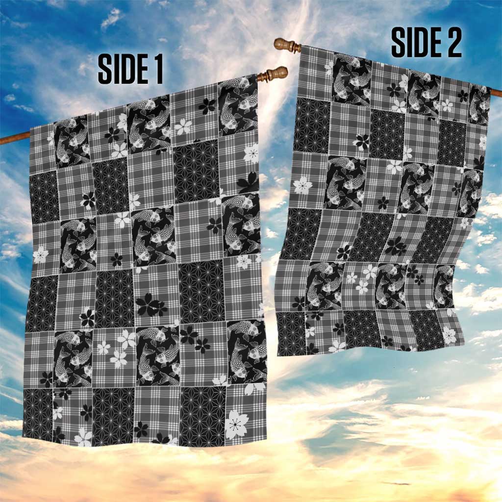 Black Palaka Japanese Patterns Garden Flag Koi Fish Asanoha Sakura Patchwork Stylized - Polynesian Pride