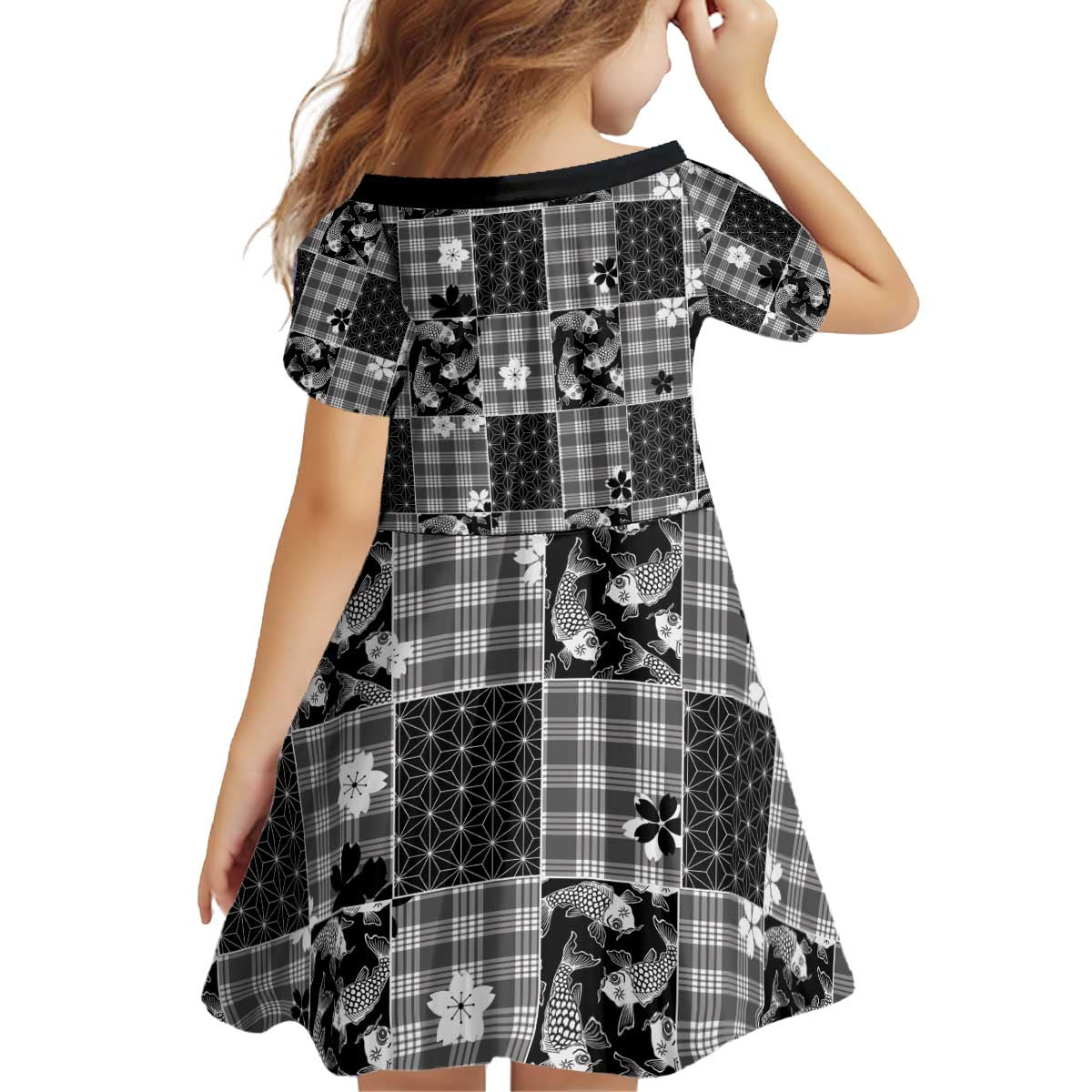 Black Palaka Japanese Patterns Kid Short Sleeve Dress Koi Fish Asanoha Sakura Patchwork Stylized - Polynesian Pride