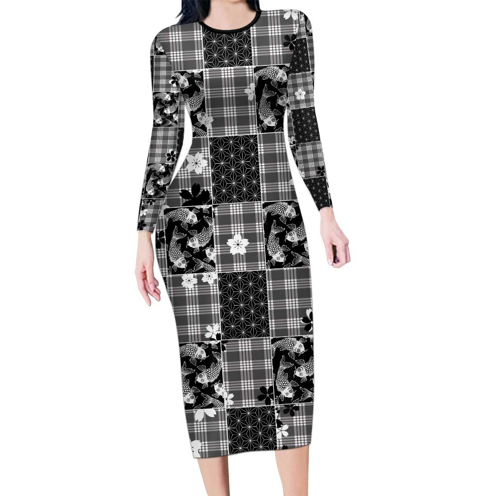 Black Palaka Japanese Patterns Long Sleeve Bodycon Dress Koi Fish Asanoha Sakura Patchwork Stylized - Polynesian Pride