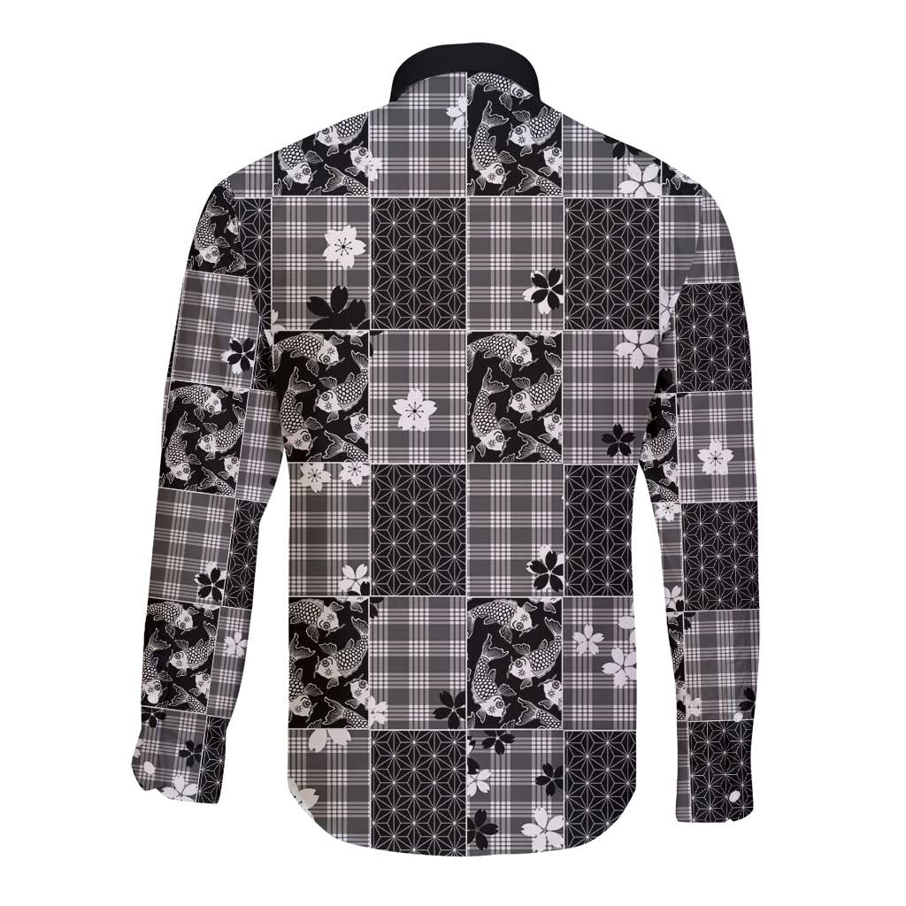 Black Palaka Japanese Patterns Long Sleeve Button Shirt Koi Fish Asanoha Sakura Patchwork Stylized - Polynesian Pride