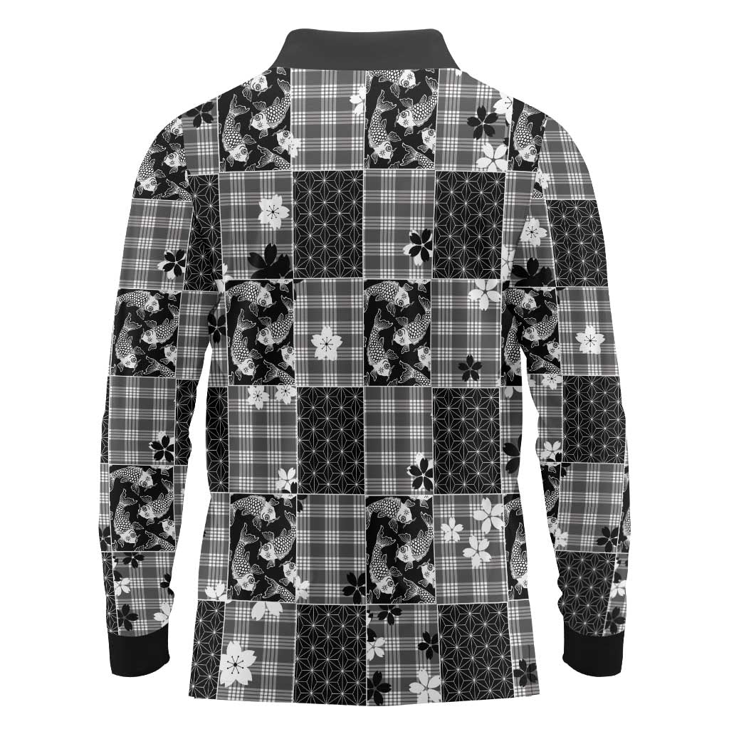Black Palaka Japanese Patterns Long Sleeve Polo Shirt Koi Fish Asanoha Sakura Patchwork Stylized - Polynesian Pride