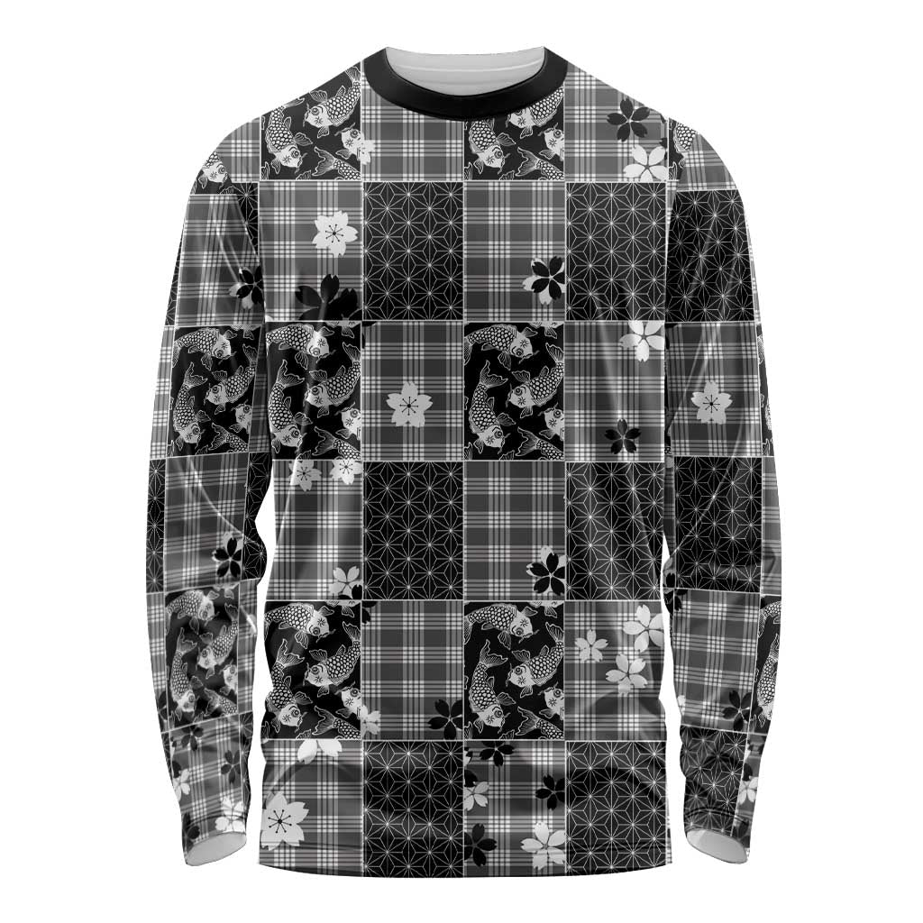 Black Palaka Japanese Patterns Long Sleeve Shirt Koi Fish Asanoha Sakura Patchwork Stylized - Polynesian Pride