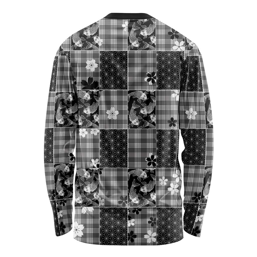 Black Palaka Japanese Patterns Long Sleeve Shirt Koi Fish Asanoha Sakura Patchwork Stylized - Polynesian Pride