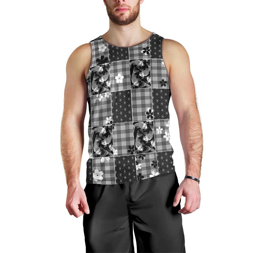 Black Palaka Japanese Patterns Men Tank Top Koi Fish Asanoha Sakura Patchwork Stylized - Polynesian Pride