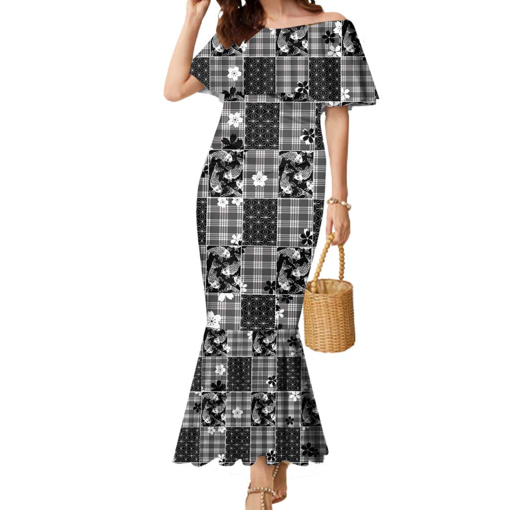Black Palaka Japanese Patterns Mermaid Dress Koi Fish Asanoha Sakura Patchwork Stylized - Polynesian Pride