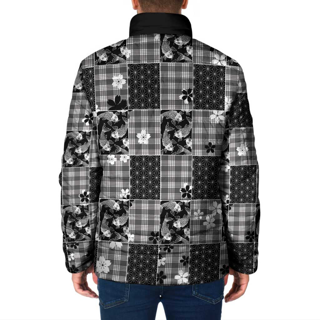 Black Palaka Japanese Patterns Padded Jacket Koi Fish Asanoha Sakura Patchwork Stylized - Polynesian Pride
