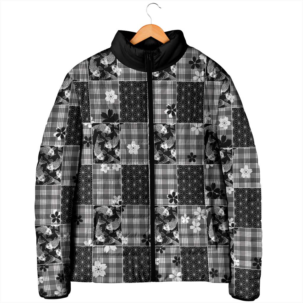 Black Palaka Japanese Patterns Padded Jacket Koi Fish Asanoha Sakura Patchwork Stylized - Polynesian Pride