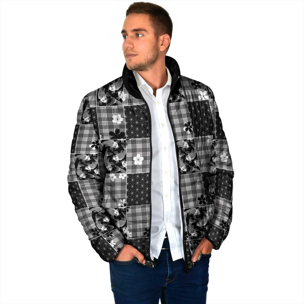 Black Palaka Japanese Patterns Padded Jacket Koi Fish Asanoha Sakura Patchwork Stylized - Polynesian Pride