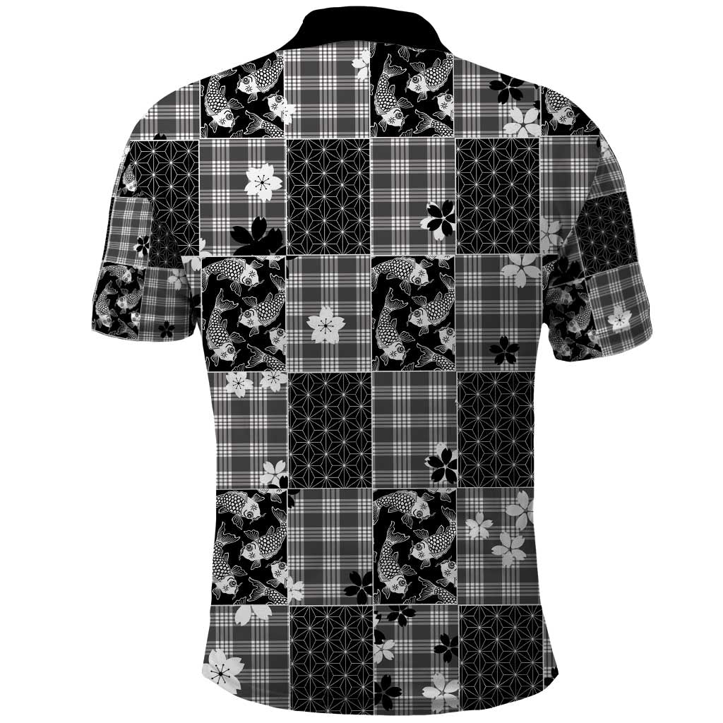 Black Palaka Japanese Patterns Polo Shirt Koi Fish Asanoha Sakura Patchwork Stylized - Polynesian Pride