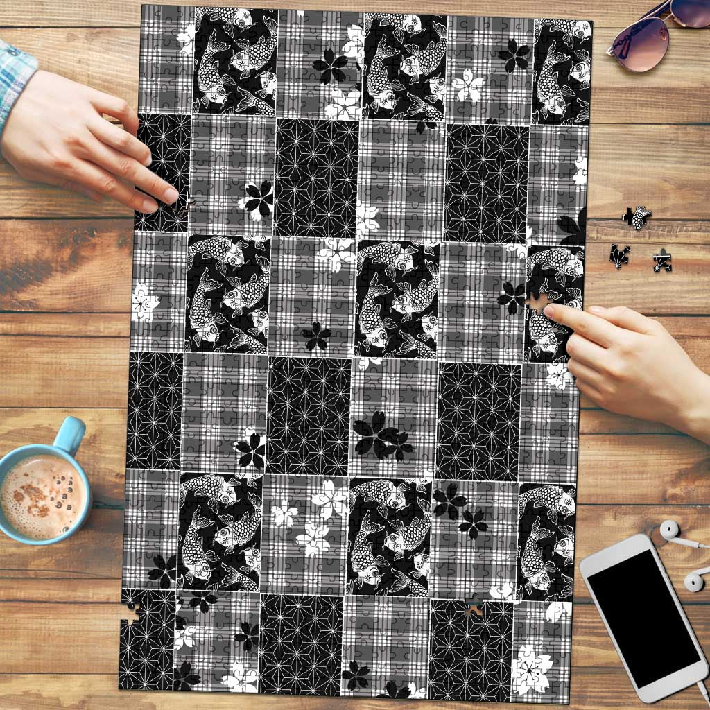Black Palaka Japanese Patterns Puzzle Koi Fish Asanoha Sakura Patchwork Stylized - Polynesian Pride
