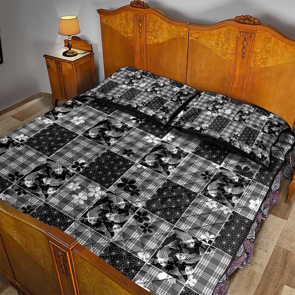 Black Palaka Japanese Patterns Quilt Bed Set Koi Fish Asanoha Sakura Patchwork Stylized - Polynesian Pride