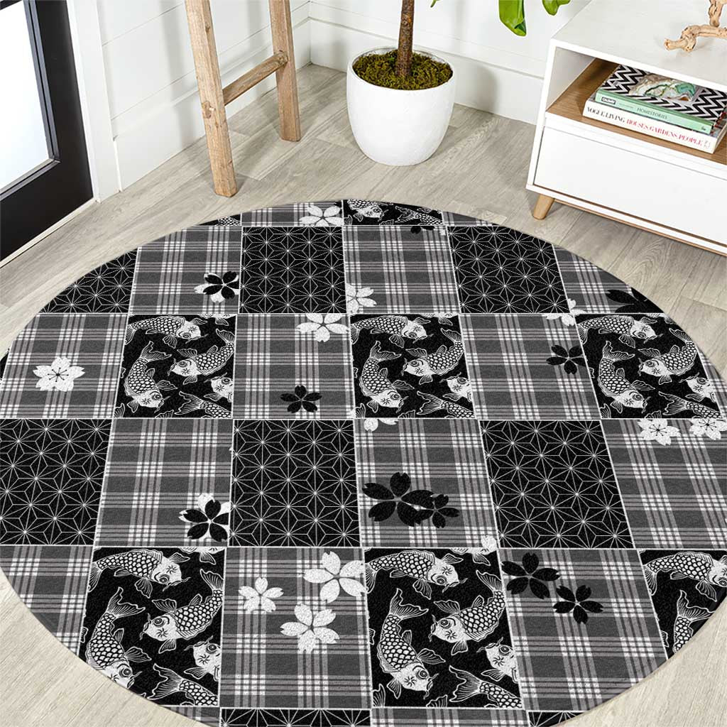 Black Palaka Japanese Patterns Round Carpet Koi Fish Asanoha Sakura Patchwork Stylized - Polynesian Pride