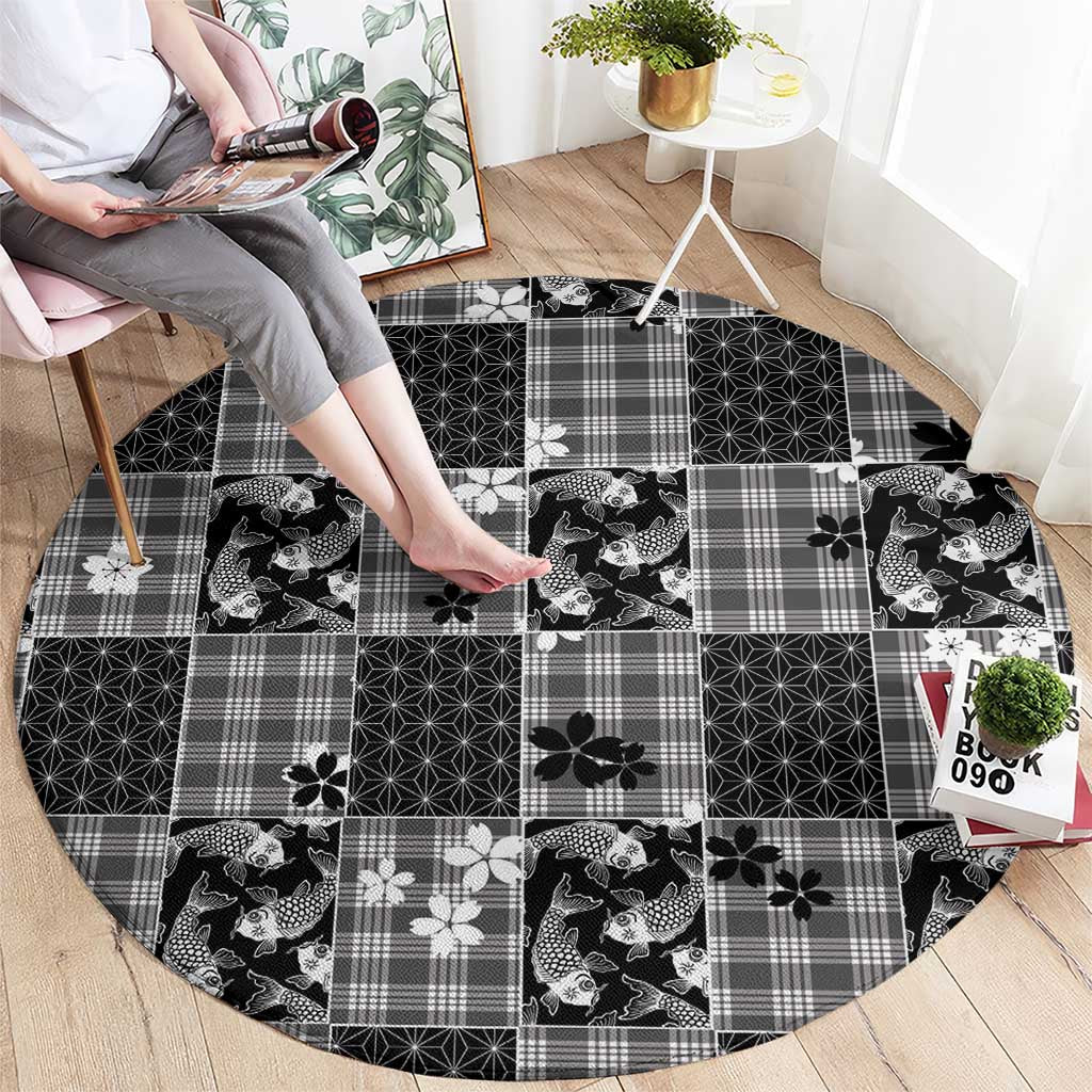 Black Palaka Japanese Patterns Round Carpet Koi Fish Asanoha Sakura Patchwork Stylized - Polynesian Pride