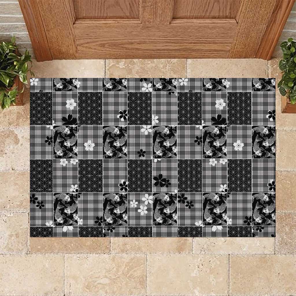 Black Palaka Japanese Patterns Rubber Doormat Koi Fish Asanoha Sakura Patchwork Stylized - Polynesian Pride