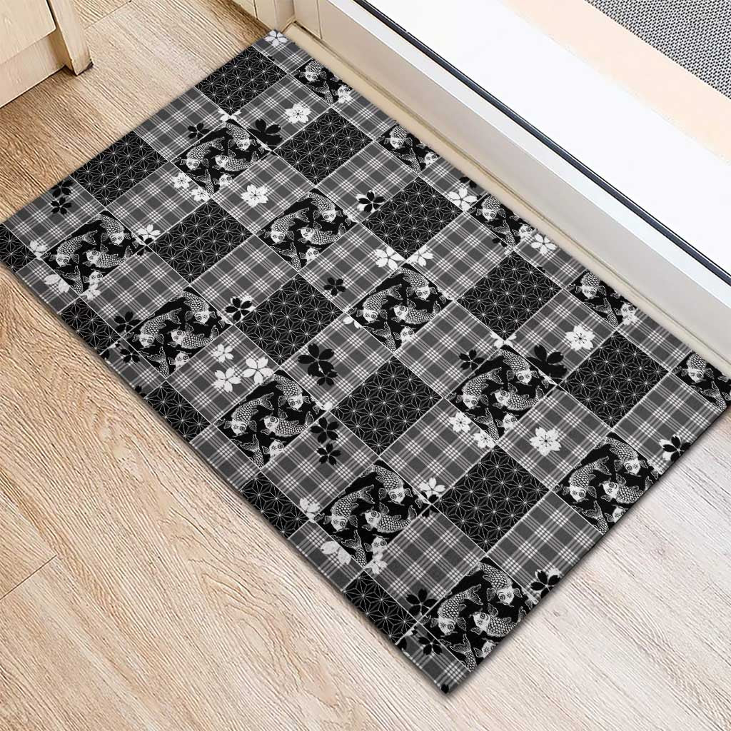 Black Palaka Japanese Patterns Rubber Doormat Koi Fish Asanoha Sakura Patchwork Stylized - Polynesian Pride