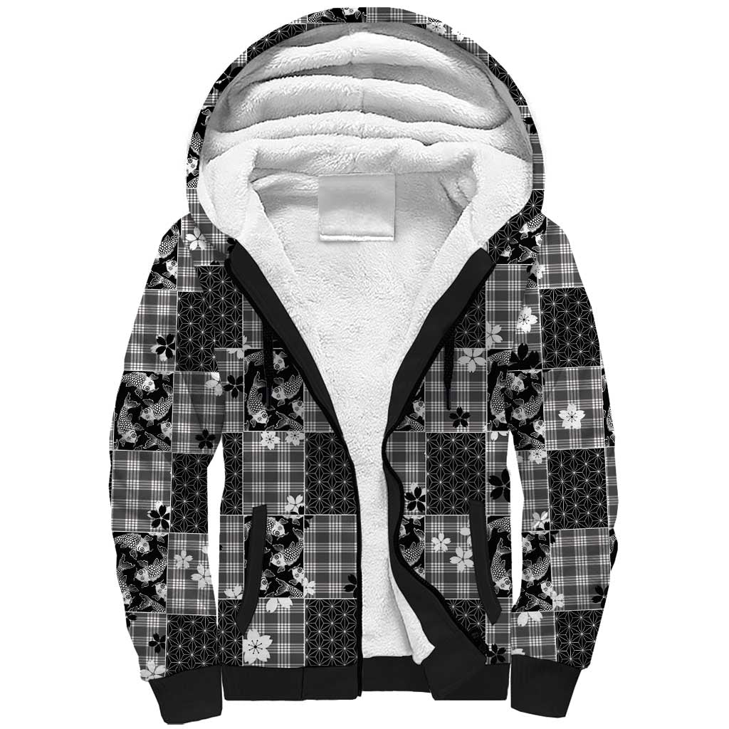 Black Palaka Japanese Patterns Sherpa Hoodie Koi Fish Asanoha Sakura Patchwork Stylized - Polynesian Pride
