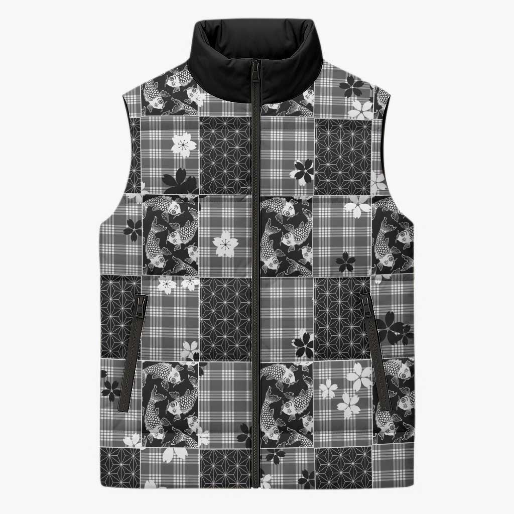 Black Palaka Japanese Patterns Sleeveless Puffer Jacket Koi Fish Asanoha Sakura Patchwork Stylized - Polynesian Pride