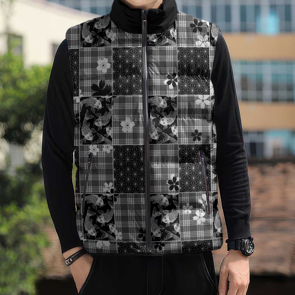 Black Palaka Japanese Patterns Sleeveless Puffer Jacket Koi Fish Asanoha Sakura Patchwork Stylized - Polynesian Pride