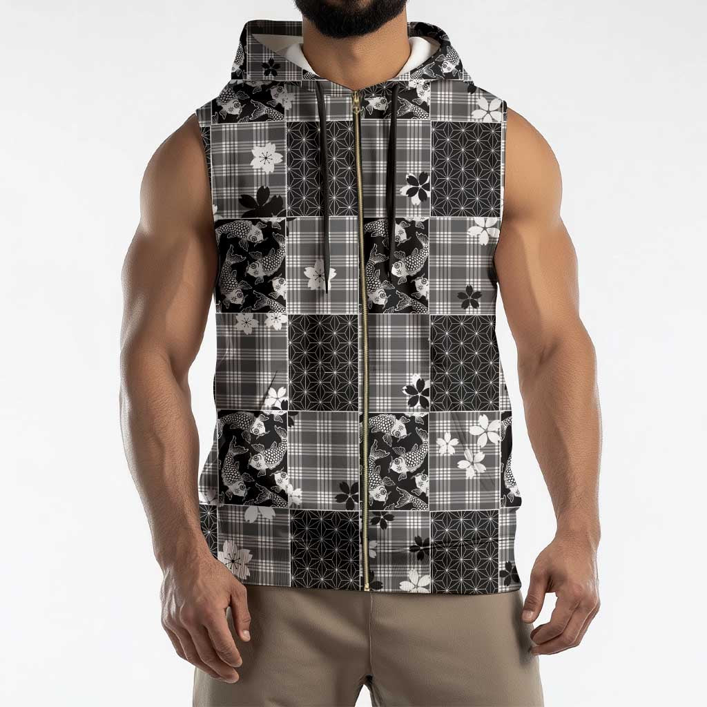 Black Palaka Japanese Patterns Sleeveless Zip Hoodie Koi Fish Asanoha Sakura Patchwork Stylized - Polynesian Pride