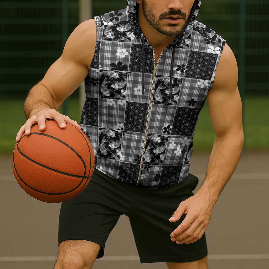 Black Palaka Japanese Patterns Sleeveless Zip Hoodie Koi Fish Asanoha Sakura Patchwork Stylized - Polynesian Pride